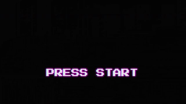 Retro 8bit Arcade Animation with Press Start Text and CRT Glitch