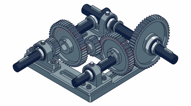 Isometric technical illustration of a mechanical gear train assembly with shafts and spur gears on a metal base