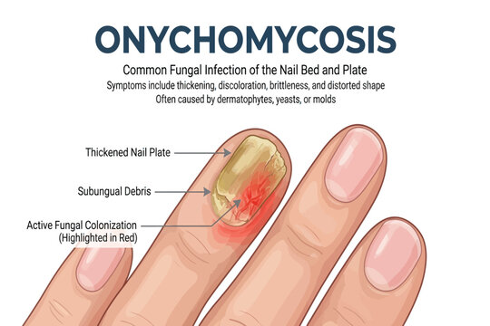 Medical illustration showing fungal nail infection with thickened, discolored nail plate.