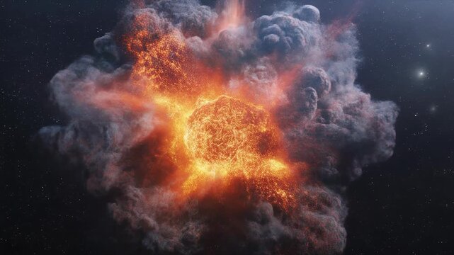 Explosive fireball in dark cosmic space animation