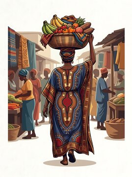 African woman carrying a heavy basket of fresh produce in a market