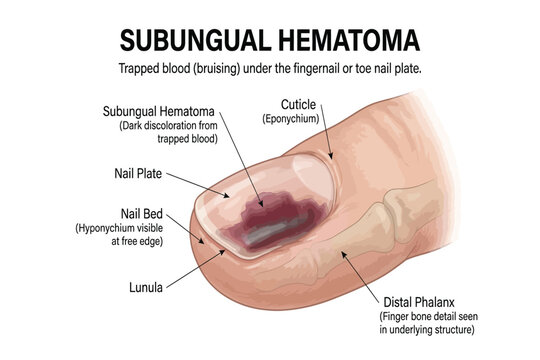 Medical illustration showing trapped blood beneath nail plate after trauma.