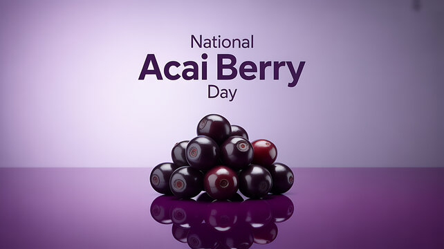National Acai Berry Day celebration with a pile of fresh acai berries on a reflective surface