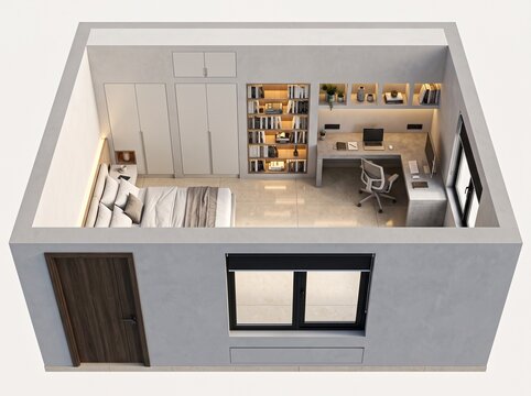 3D cutaway view of a modern minimalist bedroom and home office. Top-down cross section showing a bed, built-in wardrobe, illuminated bookshelf, and corner desk workstation with computer setups.