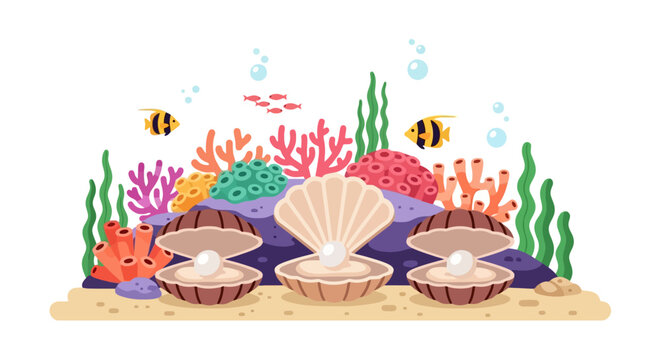 Underwater scene with open clam shells revealing white pearls
