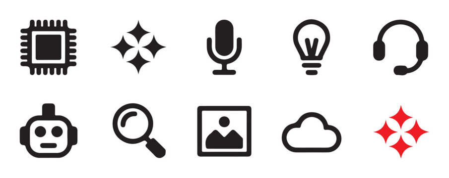 Assorted digital service icons featuring chatbot search lens and cloud storage for modern website interface design.
