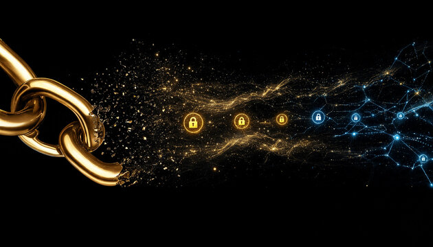 Golden chain breaking into quantum data stream with lock icons on dark background