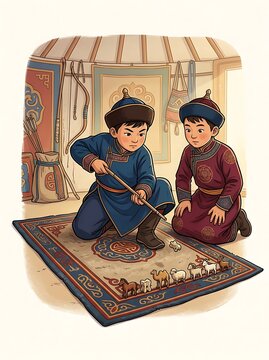 Children in traditional dress playing a folk game inside a yurt