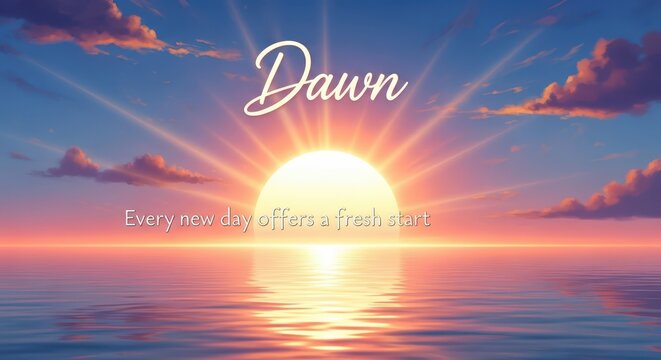 Serene ocean sunrise with vibrant sunbeams and clouds, inspirational quote about fresh starts