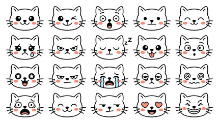 Fototapeta premium Cat expressions themed element pack in cute doodle style, happy faces, sad emotions, angry moods, funny reactions, and animals