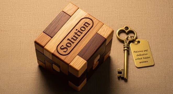 Wooden puzzle cube with the word Solution engraved and a vintage key with a tag reading 'Patience and dedication unlock hidden answers'