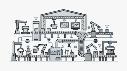 Obraz premium Corporate Smart Factory Automation with Robots Conveyor Belts and IoT Monitoring in Modern Industrial Facility