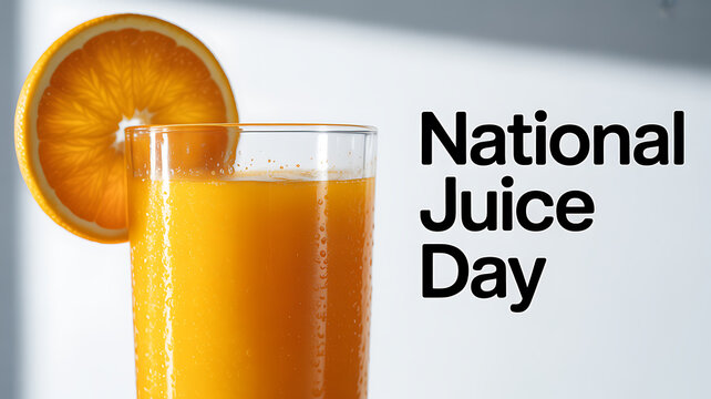 A glass of orange juice with a slice of orange on the rim, celebrating National Juice Day