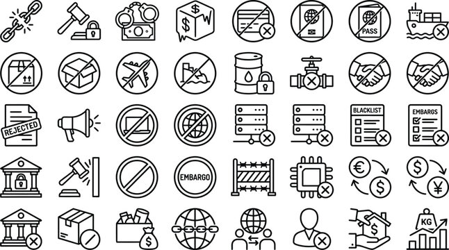 Comprehensive Collection of Thirty Outline Icons Representing Global Sanctions Economic Restrictions Trade Embargo Political Pressure and Financial Penalties Linear Vector Graphic Symbols Set