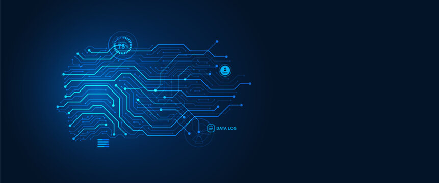 rtificial intelligence technology concept, glowing circuit board brain design, ideal for banner, presentation and technology website background