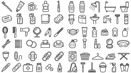 Naklejka premium Comprehensive Collection of Sixty Minimalist Outline Icons for Personal Hygiene Sanitary Care and Grooming Maintenance Featuring Linear Design Elements for Health and Bathroom Wellness Services