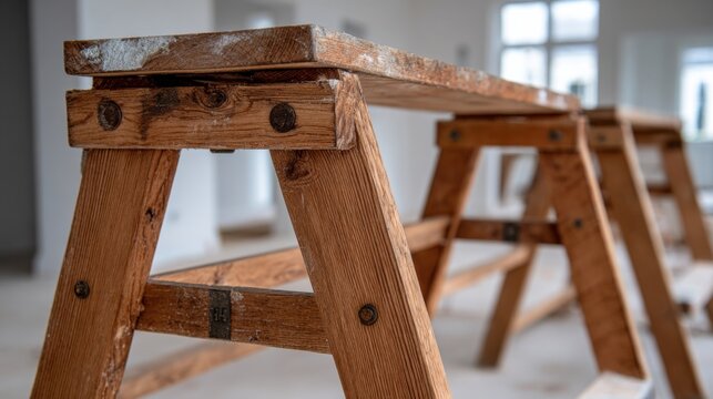 Close-Up View of Wooden Construction Sawhorses in a Bright Empty Room, Featuring Rustic Details and Uneven Surfaces for Project Inspiration