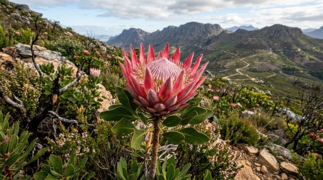 Close up view of pristine exotic king protea blossom opening against wide valley landscape background