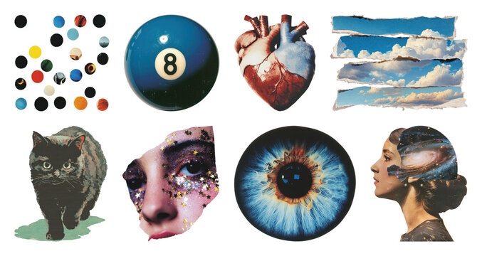 PNG Eclectic collage with surreal and cosmic elements, transparent background