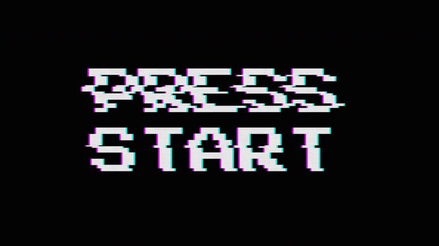 Retro 8bit arcade cyan Press Start text animation on black background.