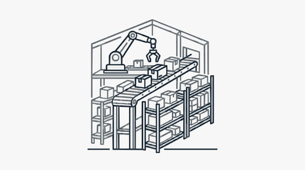 Fototapeta premium Creative Black and White Line Drawing of Automated Industrial Warehouse with Robotic Arm and Conveyor System