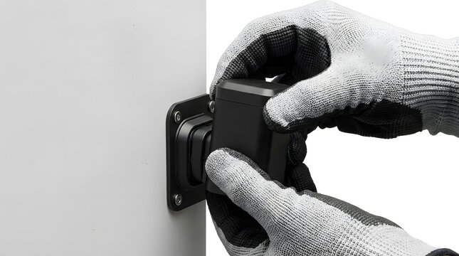 Mounting Outdoor Security Camera on White Wall | Technician in Gripper Gloves Installing Sensor | Smart Home Security Device Setup | Close Up Wall Bracket Assembly
