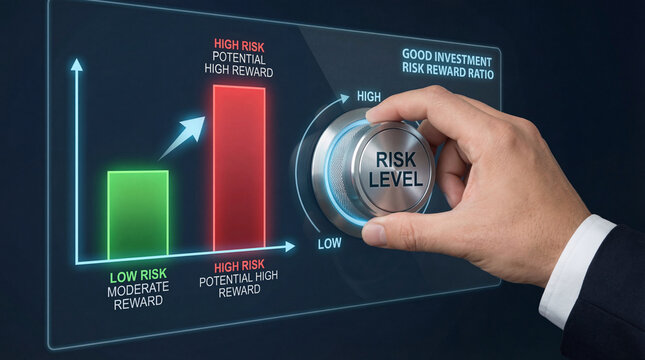 Low risk high reward investment risk level concept hand turn control knob chart financial decision strategy business growth market analysis