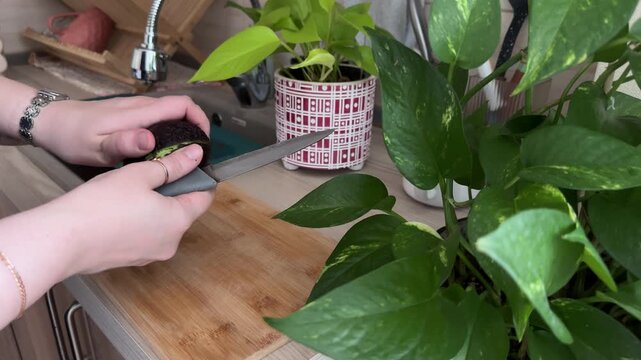 Hands cutting and opening a ripe avocado on a wooden cutting board in a home kitchen, healthy food preparation, fresh ingredient, cooking process, plant based lifestyle.