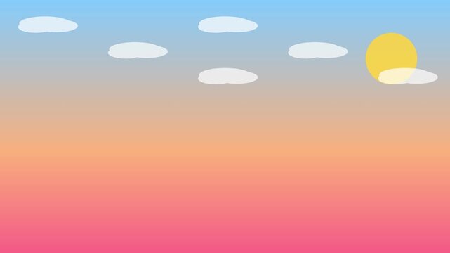 Animated sunset sky animation 4k background, with floating clouds, and sun, minimalist, 2 d motion, loop for creative projects