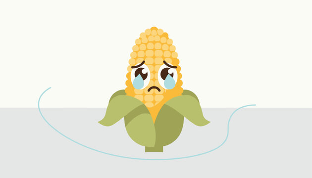 Cute and sad cartoon corn cob character with big teary eyes crying over a light gray and white background.