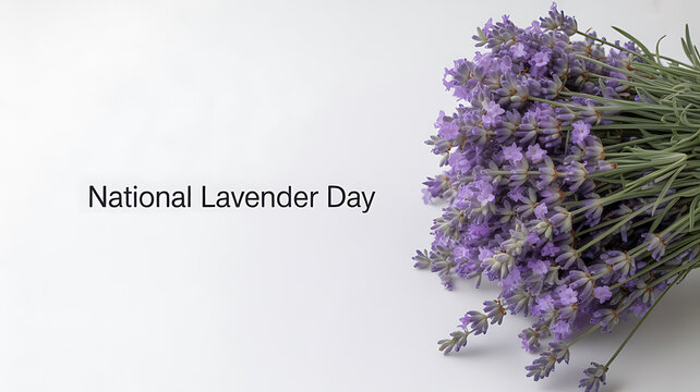 National Lavender Day celebration with a bouquet of purple lavender flowers on a white background