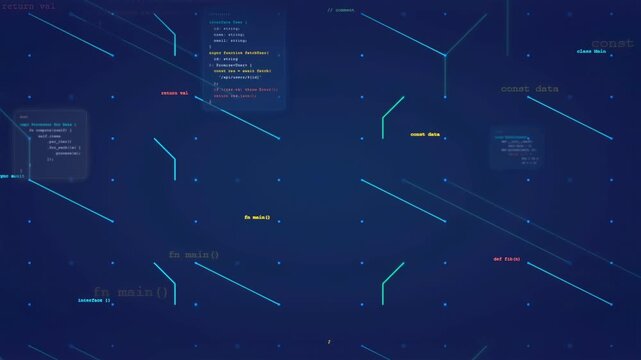 Abstract digital background with floating computer code and glowing blue data lines moving in space