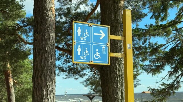 Blue public information sign with toilet, beach shower and wheelchair accessibility symbols in a pine forest, outdoor wayfinding, public facilities, travel navigation, tourism infrastructure.