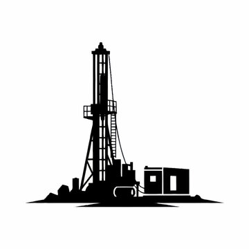 Black and white oil drilling rig illustration.