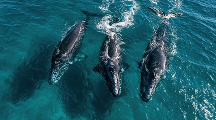 Naklejka premium Three Whales Swimming in Crystal Clear Ocean Water