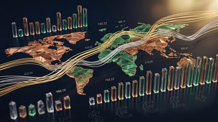 Obraz premium Abstract 3D world map with financial bar charts and currency symbols, global economy growth, stock market trends, international trade flow, investment data visualization, busine...