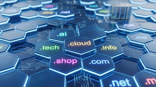 Close up of hexagonal tiles representing internet domain extensions like dot com, dot net, dot ai, and cloud on a circuit board background