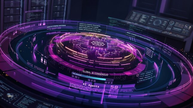 Futuristic AI control center with holographic interface, global consensus network, and digital data streams in a dark cyberpunk environment