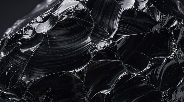 Black obsidian stone texture. Close up of volcanic glass with sharp conchoidal fractures.