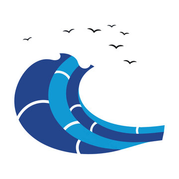 Crashing tidal wave with geometric arches and seagull silhouettes in flat minimalist style against a white background, ocean and nature concept