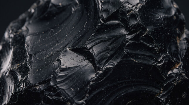 Black obsidian stone texture. Volcanic glass mineral background with sharp glossy edges.