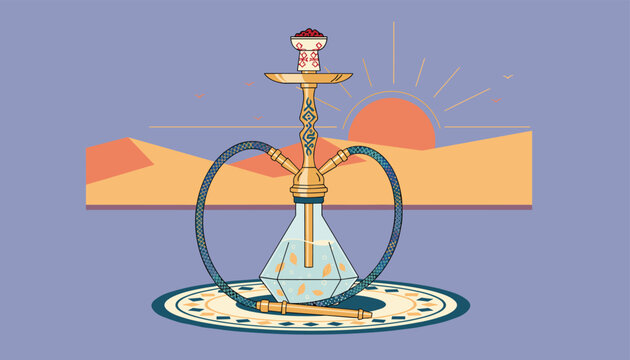 Traditional glass and golden metal hookah pipe displayed on an oriental rug against a warm desert sunset background.