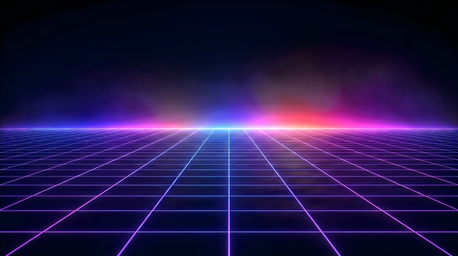 Retro synthwave landscape with glowing neon grid floor and colorful sunset horizon.