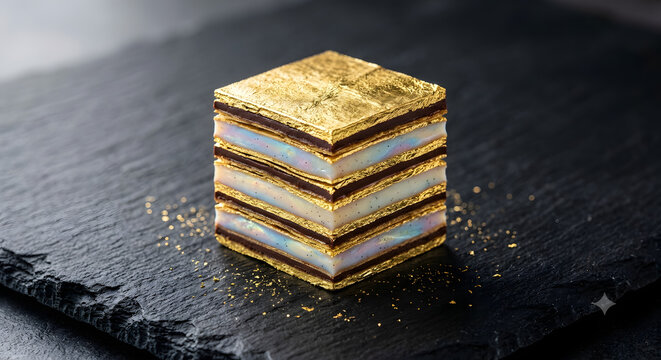 Gold leaf and dark chocolate mille-feuille cube