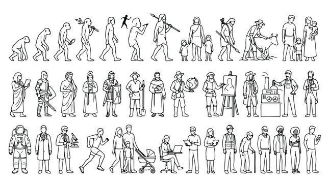 Human evolution timeline vector set, historical progress of civilization from caveman to modern era, diverse people and professions line art collection