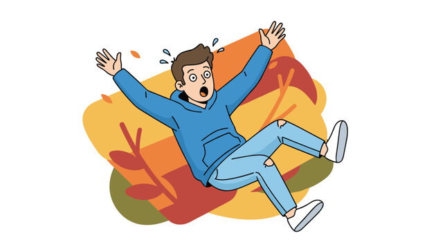 Young man wearing a blue hoodie slipping and falling backwards with a shocked facial expression in autumn.
