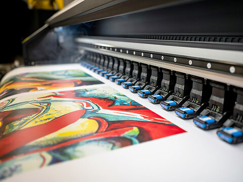 Close-up of an industrial large format digital printer creating a vibrant and colorful abstract graphic design on white substrate