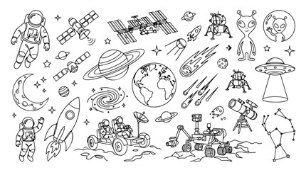 Space exploration doodle icons set, hand drawn outer space vector elements, galaxy and astronomy line art illustrations for coloring and education © usman