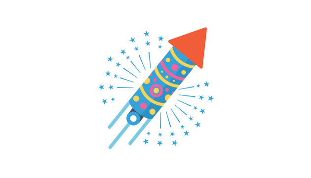 Colorful firework rocket with an orange cone blasting off amid bright blue stars on a white background.