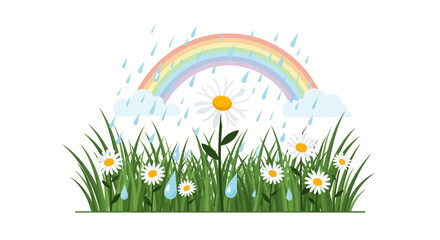 Obraz premium Rainbow appearing over daisy field during gentle summer rain